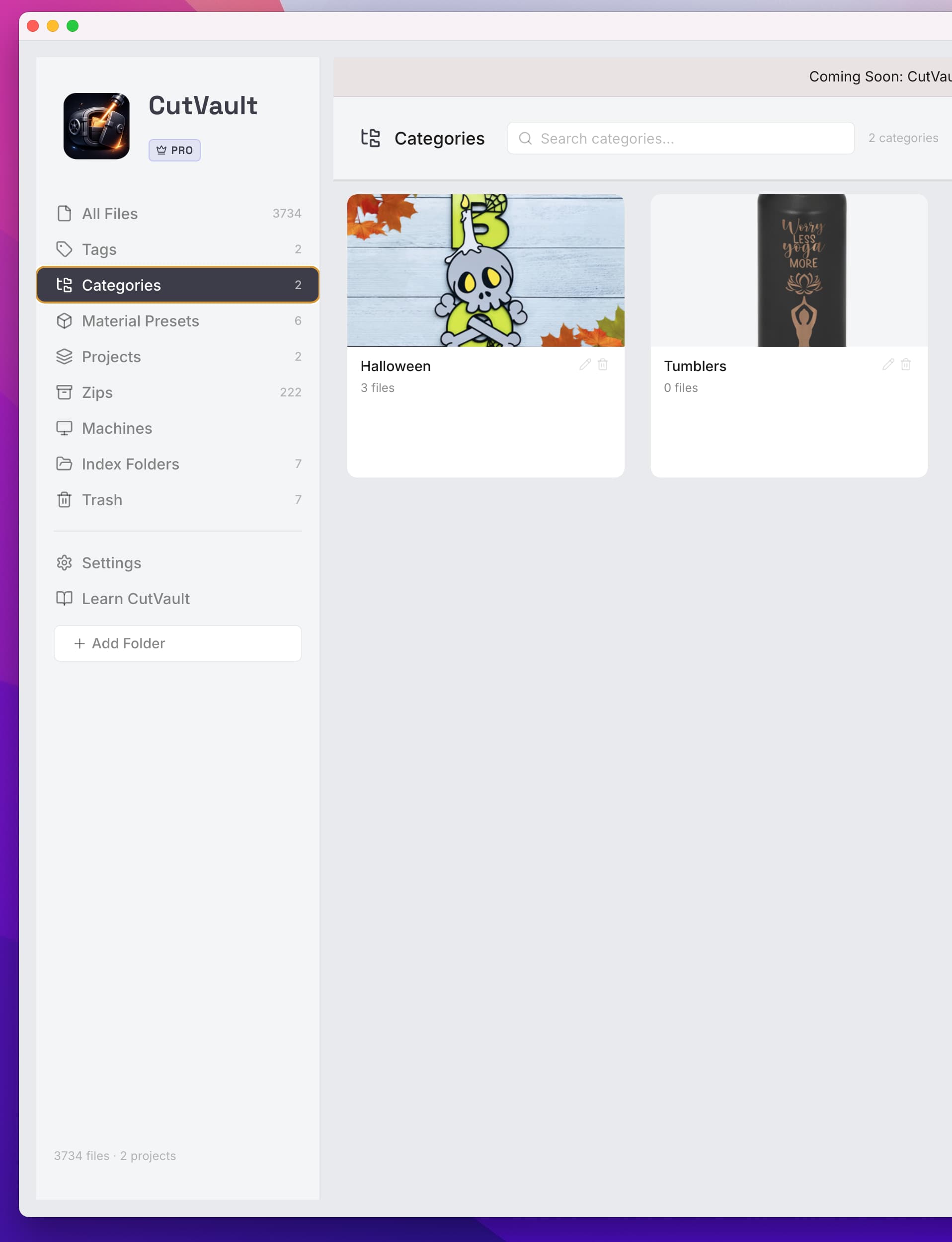 CutVault category library with visual cover images for maker projects