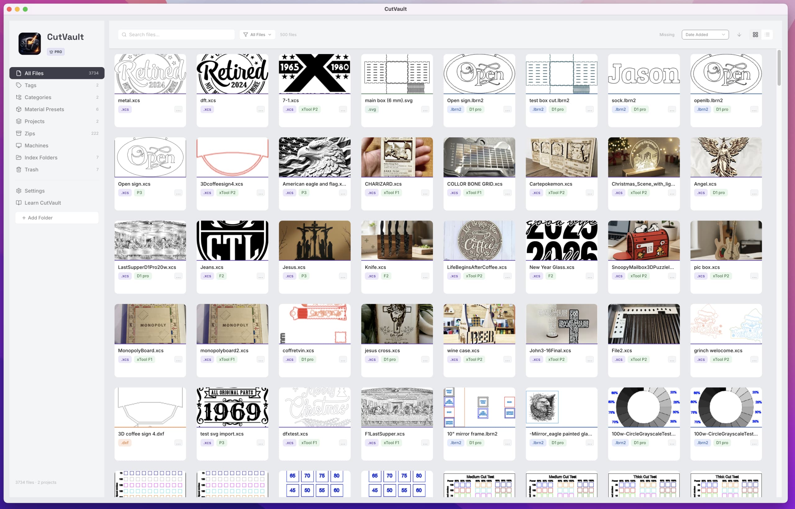 CutVault desktop workspace showing a visual library of supported laser projects