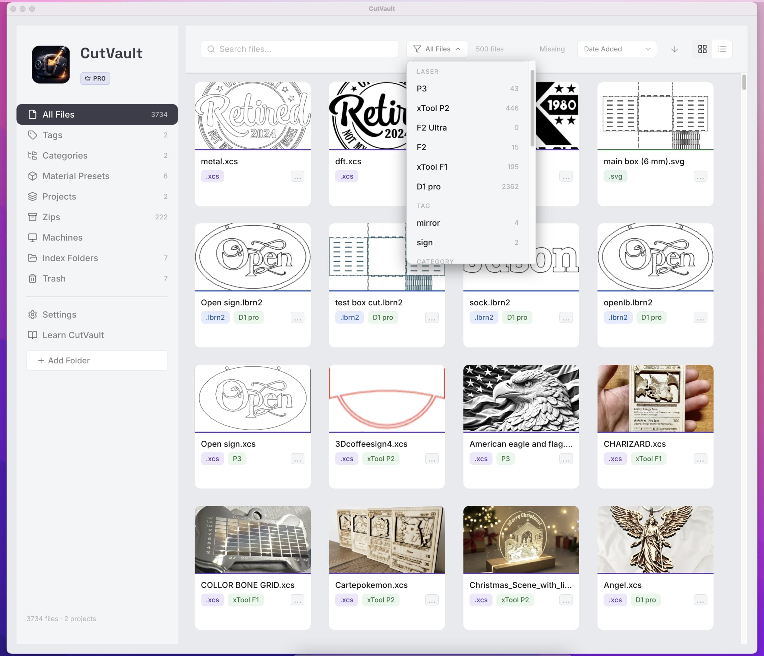 CutVault maker library showing visual project previews and machine filtering