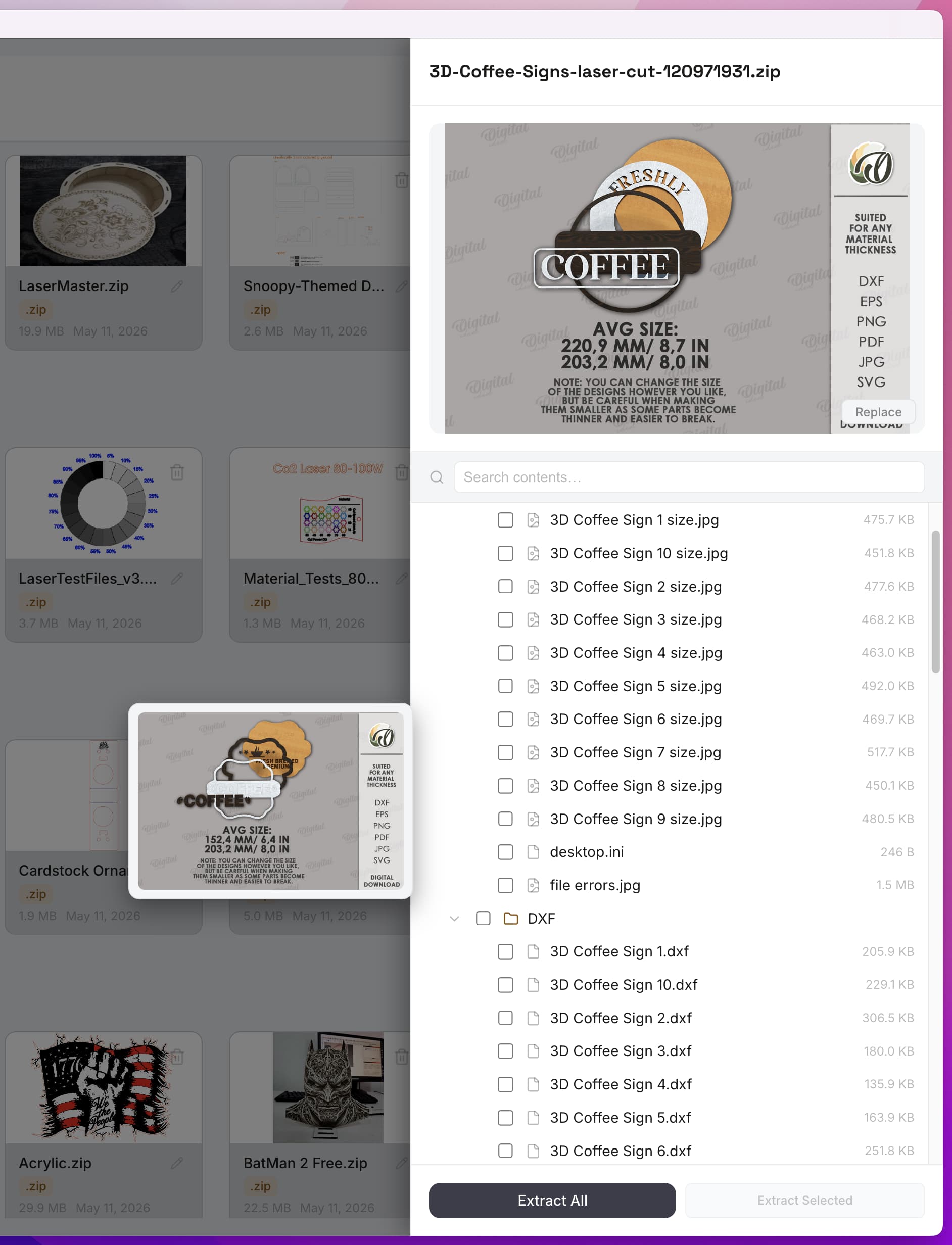 CutVault showing the files contained in a ZIP archive without extracting the archive